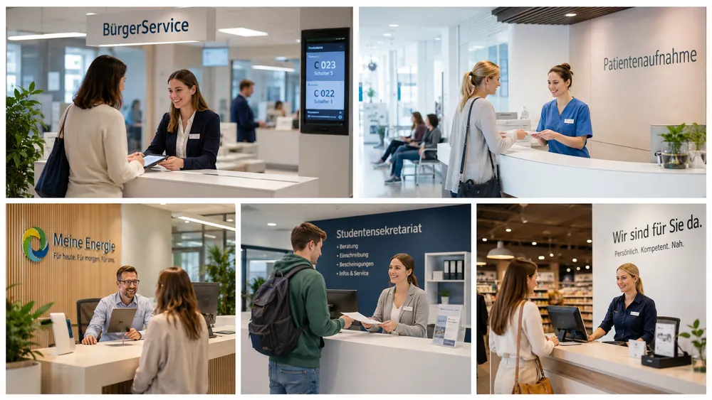 Bildmontage aus fünf Servicesituationen: Bürgerbüro, Patientenaufnahme, Kundenzentrum eines Energieversorgers, Studentensekretariat und Einzelhandelstheke — überall wird am Schalter beraten.